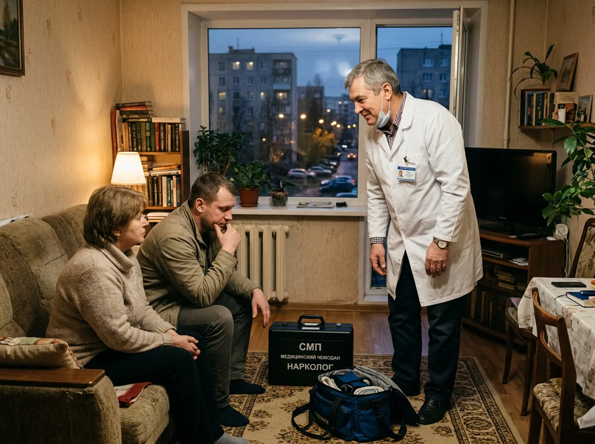 Врач-нарколог в белом халате приезжает на дом с медицинским чемоданчиком, жилой район Санкт-Петербурга, вечер, доверительная атмосфера