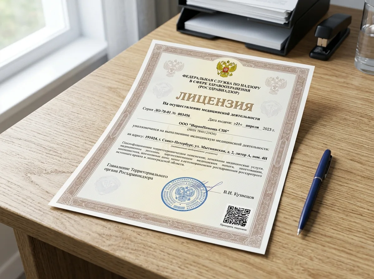 Медицинская лицензия ООО НаркоПомощь СПб, документ Росздравнадзора на осуществление медицинской деятельности, синяя печать, официальный бланк