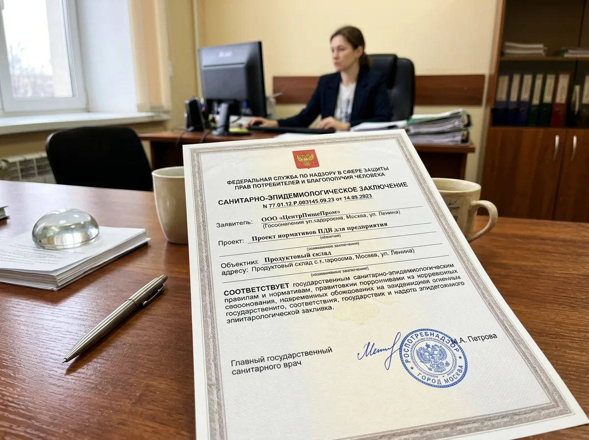 Санитарно-эпидемиологическое заключение Роспотребнадзора, официальный документ на бланке с гербом, деловая обстановка